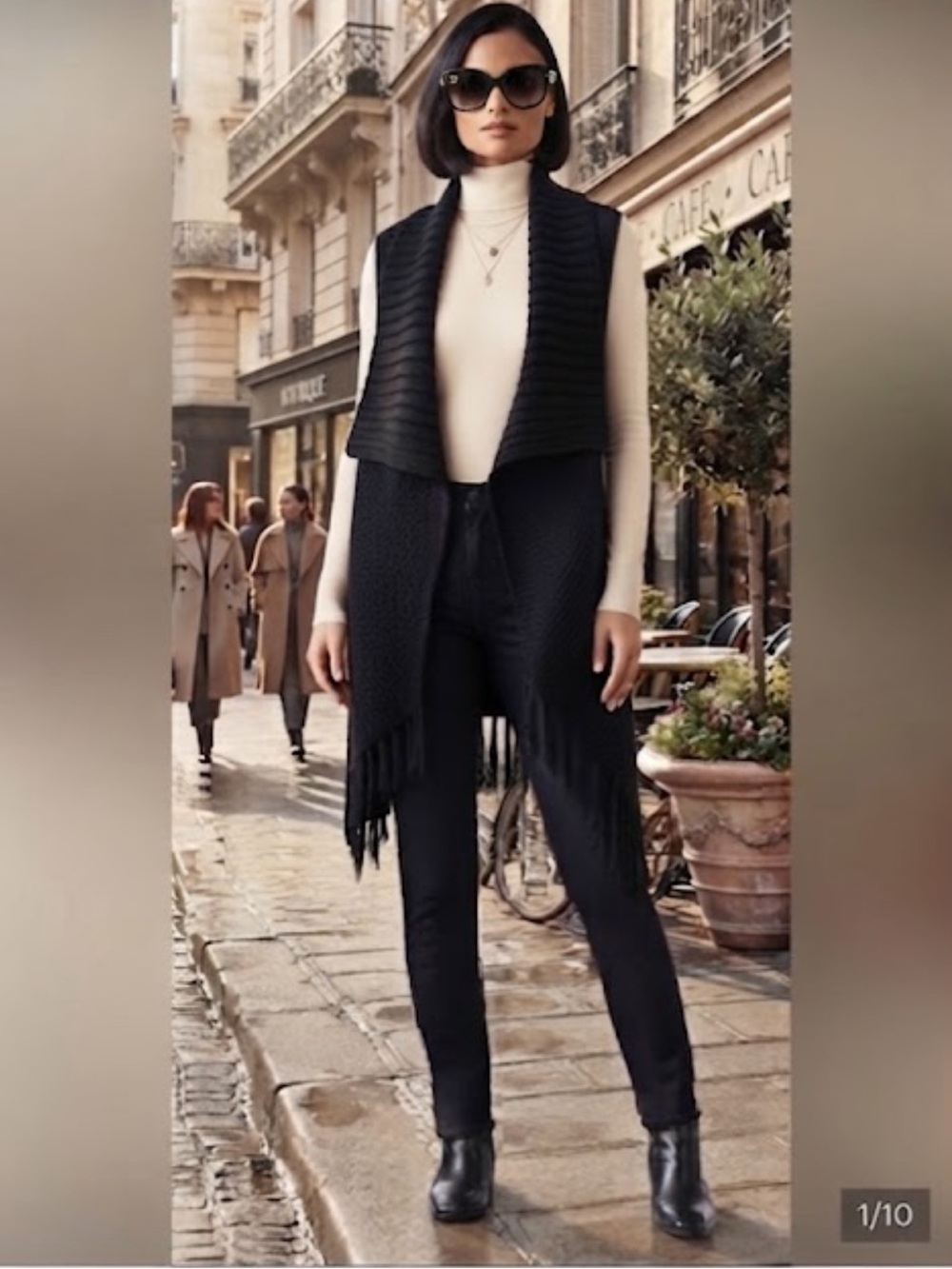 Neiman Marcus Black Long Knit Vest Shawl Collar Fringe Hem Open Front Size M